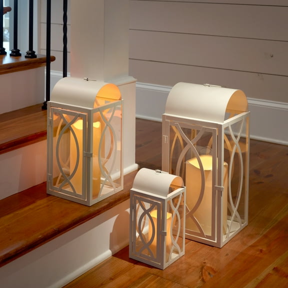 Pebble Lane Living Elegant White Lantern Set Matte White Powder-Coated Metal Classic Rectangular
