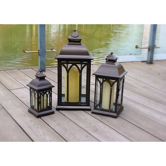 Pebble Lane Living, Lombard Metal Lantern Set of 3, Outdoor-Friendly, 11" H, 15" H, 20.5" H, Bronze