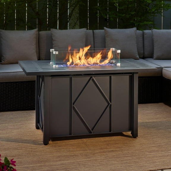 Pebble Lane Living Outdoor 55000 BTU Propane Black Finish and Glass Fire Pit Heater with Protective PVC Cover - 43"L x 22" W x 24.4" H