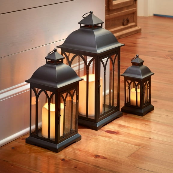 Pebble Lane Living Set of 3 Indoor-Outdoor Lombard Metal Lanterns Black