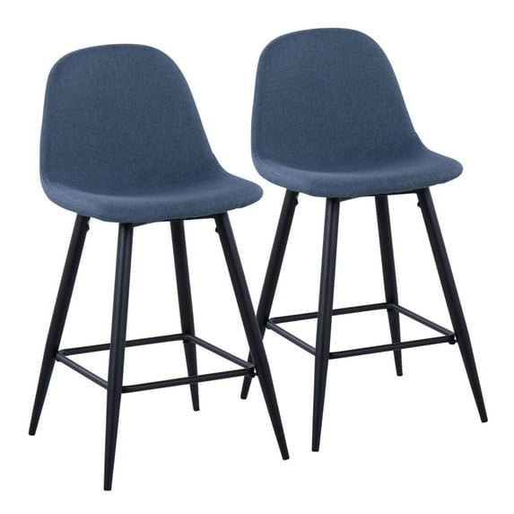Pebble Mid-Century Modern Counter Stool In Black Metal And Blue Fabric - Set Of 2