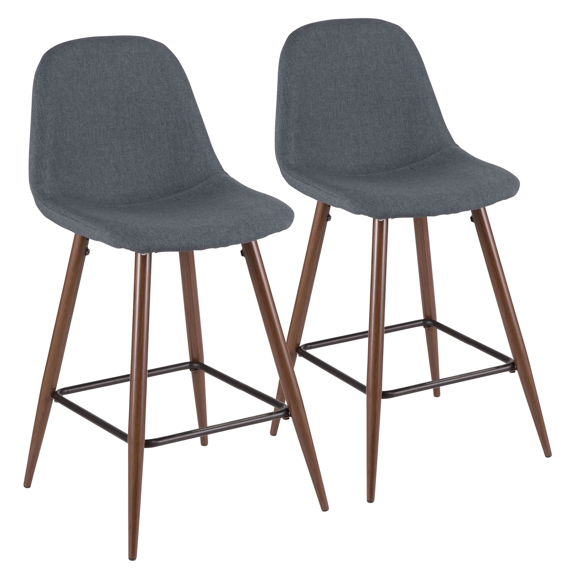 Set of 2 Blue Fabric and Walnut Wood Mid-Century Modern Bar Stools