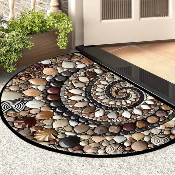 Pebble-Patterned Semi-Circle Welcome Mat, Non-Slip Half Round Front Door Mat for Outdoor Entrance, Retro Decorative Rubber Backed Floor Mat for Bathroom, Entryway & Patio