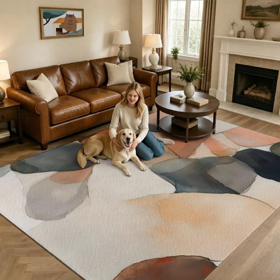 Pebble Shapes Large Area Rugs 6x9ft Abstract Brown Gray Overlapping Stone Forms Washable Rug, Non Slip Indoor Carpet Absorbent Floor Mat for Living Room Bedroom Dining Room