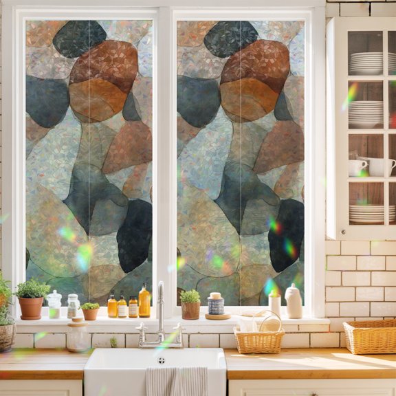 Pebble Shapes Window Privacy Film Abstract Brown Gray Overlapping Stone Forms Static Cling Stained Glass Window Film Non-Adhesive Decorative Decals Rainbow Sticker 17.7"X39.3"