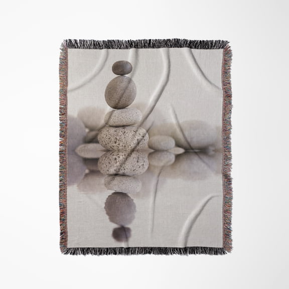 Pebble Stone Cairn Zen Style Reflecting In Water, Woven Blanket
