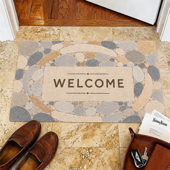 Pebble Stone Pattern WELCOME Doormat, Absorbent Diatomaceous Earth Entryway Rug, Non-Slip Fast Drying Front Door Mat, Neutral Stone Print Welcome Mat for Indoor/Outdoor Entrance, Bathroom, Living Roo