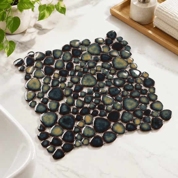 Pebble Stone Porcelain Tile for Shower Floors and Accent Walls, 5 Sq. Ft, Gradient Brown Teal