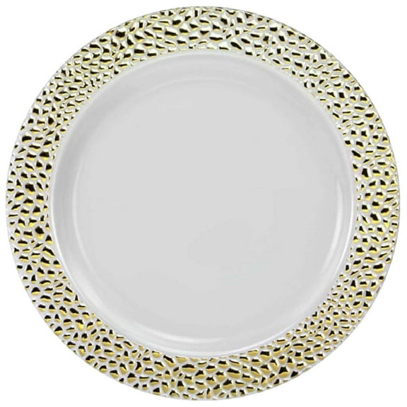 Pebbled Plastic 10.25" Dinner Plates Gold Rim: Qty 100