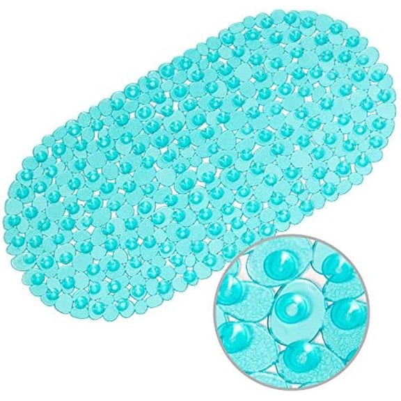Pebbles Bath Mat Oval Non-Slip Bathtub Mat with Suction Cups, Drain Holes for Bathroom Showers, Tub, Machine Washable, BPA, Latex Free Safe Shower Mats, 27 x 14 Inch, Teal