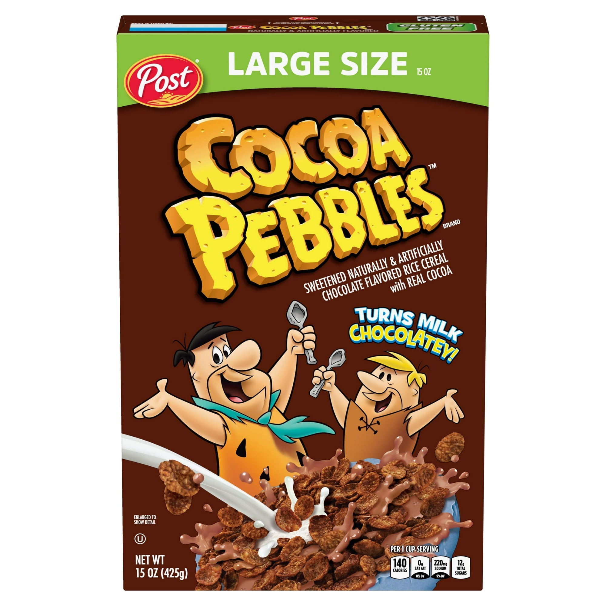 Pebbles Cocoa PEBBLES Cereal, Chocolatey Kids Cereal, Gluten Free Rice Cereal, 15 OZ Large Size Cereal Box (Pack of 4).