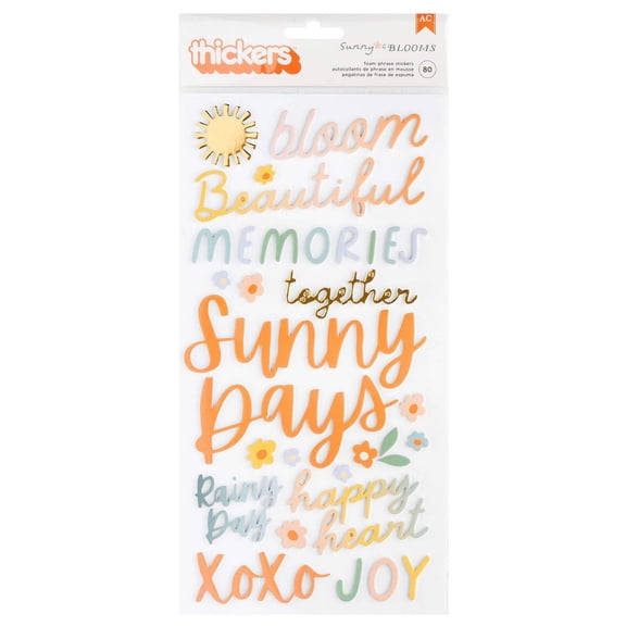 Pebbles Sunny Bloom Thickers Stickers 80/Pkg-Phrase, Gold Foil Foam