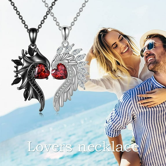 Pebbuoy 1/2 Pcs Couple Necklaces Wing Shape Rhinestone Decor Love Symbolization Demon Angel Matching Necklace Valentines Day Gift Pendant Necklace