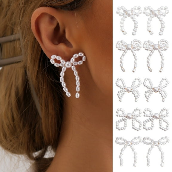 Pebbuoy 1 Pair Retro Women Stud Earrings Elegant Bowknot Shape Faux Pearl Ear Studs Jewelry Gift Accessories