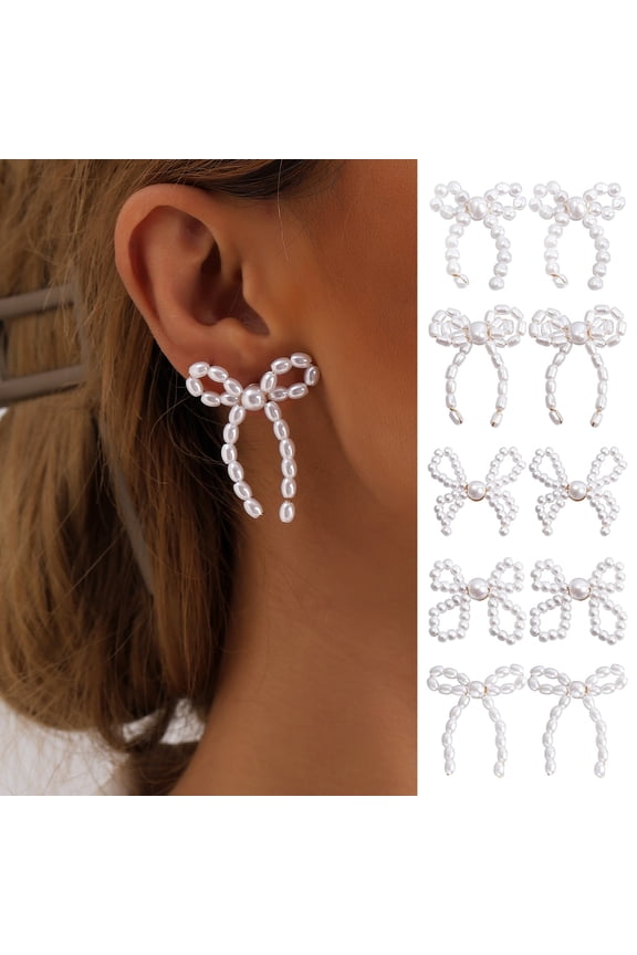 1 Pair Retro Women Stud Earrings Elegant Bowknot Shape Faux Pearl Ear Studs Jewelry Gift Accessories