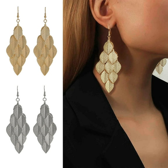 Pebbuoy 1 Pair Women Hook Earrings 3D Leaf Shape Solid Color Electroplated Anti-allergy Lightweight Ear Decoration Jewelry Dangle Earrings Long Party Prom Hanging Earrings