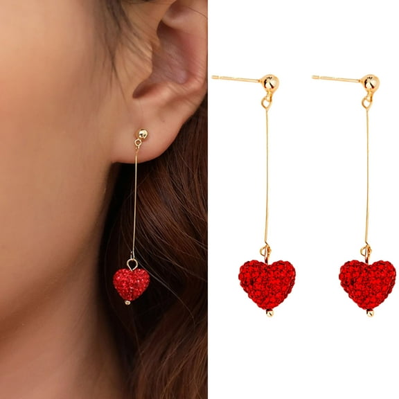 Pebbuoy 1 Pair Women Hook Earrings Artificial Crystal Red Heart Glitter Pendant Dangle Earrings Jewelry Gift