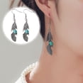 thumbnail image 1 of Pebbuoy 1 Pair Women Hook Earrings Hollow Out Feather Shape Retro Bohemian Style Faux Turquoise Stainless Alloy Ear Decoration Jewelry Long Hanging Earrings Dangle Earrings, 1 of 1