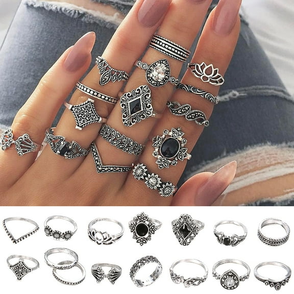 Pebbuoy 15 Pcs Bohemian Retro Rings Set for Women Crystal Flower Leaves Hollow Lotus Knuckle Finger Rings Exquisite Metal Ring Wedding Jewelry Gifts
