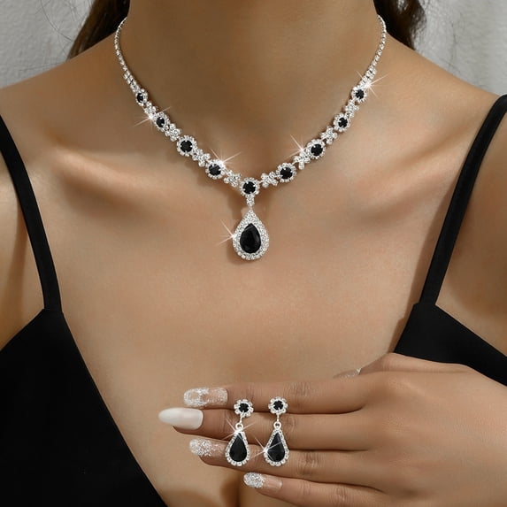 Pebbuoy 2Pcs/Set Elegant Bridal Jewelry Set Waterdrop Shape Stunning Rhinestones Necklace Dangle Earrings Set