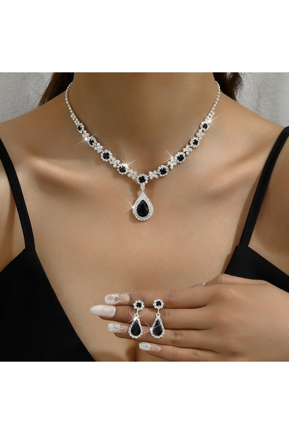 2Pcs/Set Elegant Bridal Jewelry Set Waterdrop Shape Stunning Rhinestones Necklace Dangle Earrings Set