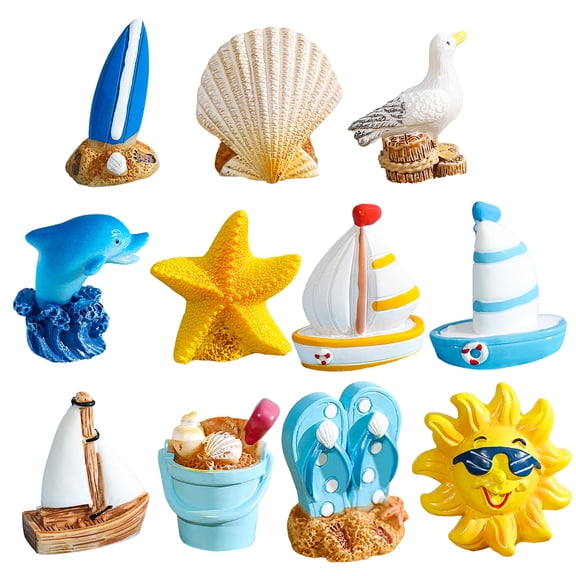 Pebbuoy 3/11Pcs/Set Miniature Seaside Theme Toy Kit Mini Resin Surfboard Seashell Seabirds Dolphin Starfish Boats Bucket Shoes Sun Model Summer Beach Scene Decoration Prop