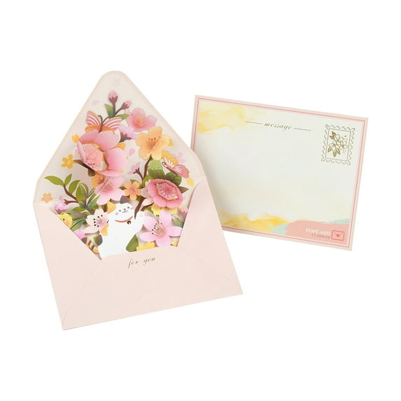 Pebbuoy 3D Fly-Out Greeting Card Multiple Colorful Flower Decor Greeting Card with Envelope Watercolor Painting Christmas New Year Gift