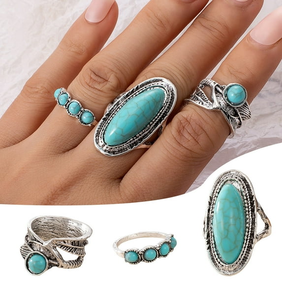 Pebbuoy 3Pcs/Set Women Finger Ring Set Bohemia Style Irregular Faux Turquoise Decor Wide Finger Band Jewelry Gift
