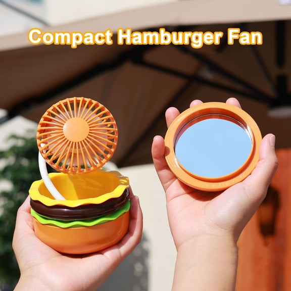 Pebbuoy Air Cooler Novelty Hamburger Mini Fan with Makeup Mirror Foldable Design 3-Speed Wind Adjustment USB Rechargeable Cooling Fan