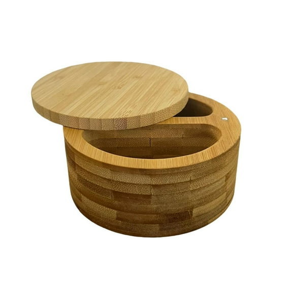 Pebbuoy Bamboo Seasoning Storage Box with Magnetic Swivel Lid Wooden Salt Cellar Pepper Sugar Spice Holder Round Container Bowl Kitchen Gadgets