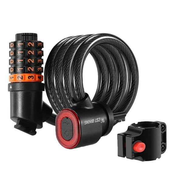 Pebbuoy Bicycle Lock with LED Tail Light Shear-Resistant Anti-Theft 5 Digit Resettable Combination Bike Cable Lock Accessories