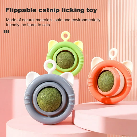 Pebbuoy Cat Toy Rotary Catnip Teeth Cleaning Promote Oral Heath Sticky Back Wall-mounted Replaceable Catnip Ball Interactive Cat Licking Toy