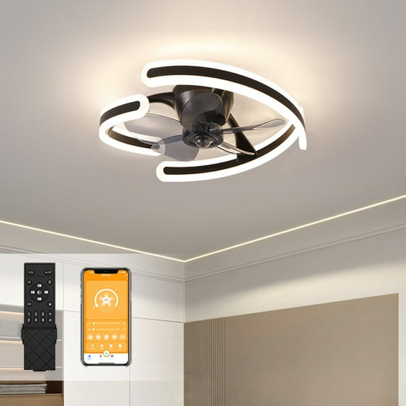 Pebbuoy Ceiling Fan with Light And Remote Control, Modern Geometric Shape Flush Mount Ceiling Fan Light for Bedroom, Living Room, Small LED Ceiling Light Fixture