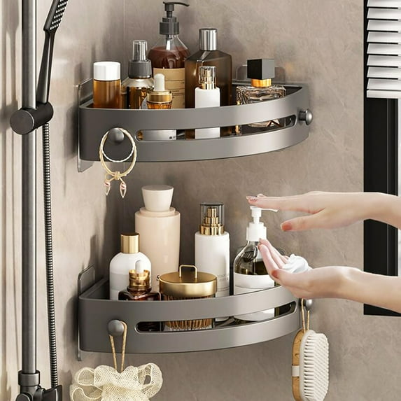 Pebbuoy Corner Shower Caddy, Adhesive Shower Shelf Corner with Hooks - Removable and Great Load Bearing