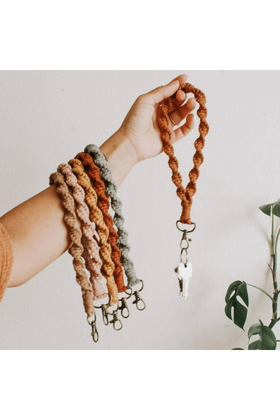 Crochet Keychain Lanyard with Hanging Buckle Handmade Hand Wrist Strap Solid Color Car Key Ring Holder Knitting Wristlet Wristband Rope