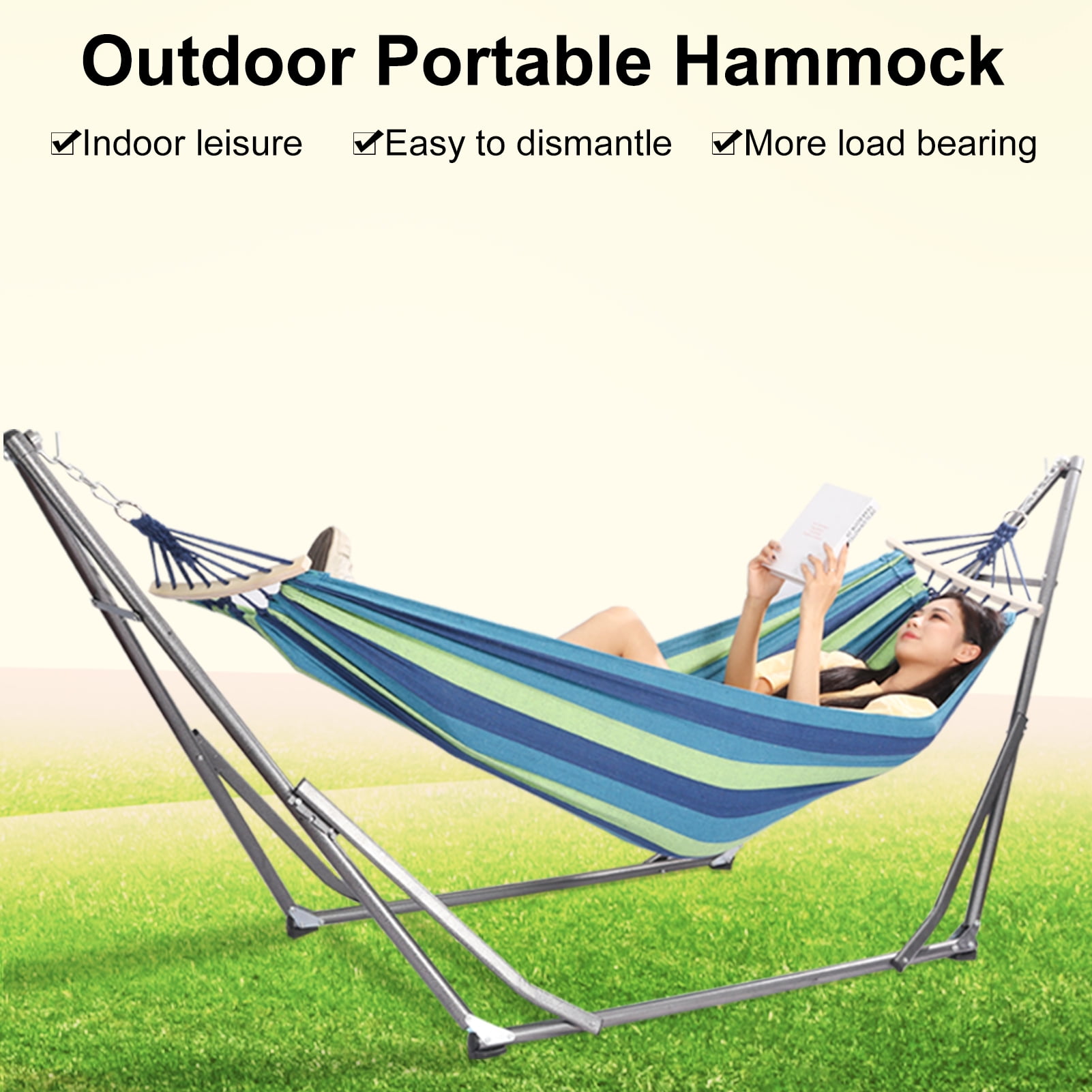 Pebbuoy Double Hammock with Space Saving Steel Stand, Heavy Foldable Hammock for Duty Outside