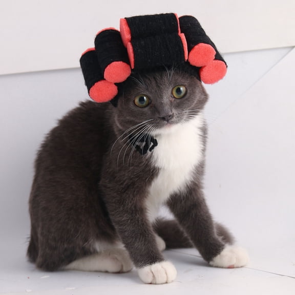 Pebbuoy Funny Pet Hat Wig with Hair Rollers Elastic Knitted Lace-up Strap Anti-slip Adorable Curly Hair Cat Party Cosplay Headdress Cat Dog Cap