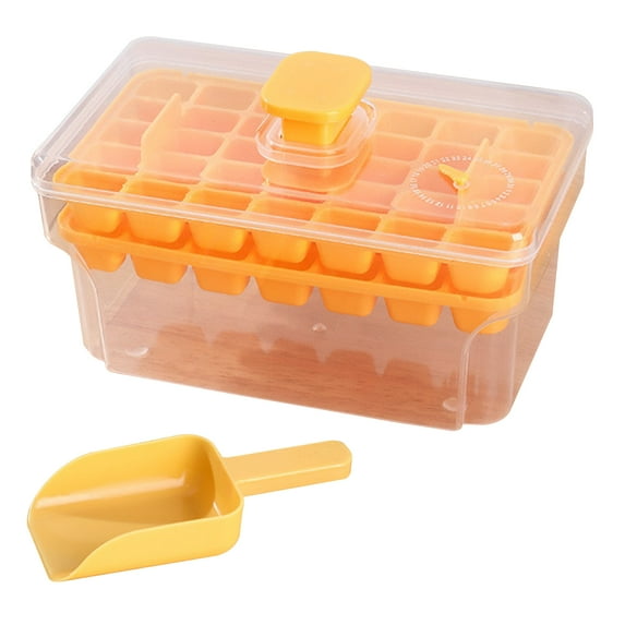 Pebbuoy Ice Cube Mold with Lid Bin Ice Cube Trays for Freezer Top Button Design Reusable Mold with Ice Shovel for Whiskey Cocktail Coffee Kitchen Home Bar Essential