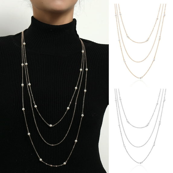 Pebbuoy Layered Long Necklace for Women Pearl Sweater Strand Chain Necklaces Three-Strand Long Chains Fashion Gifts