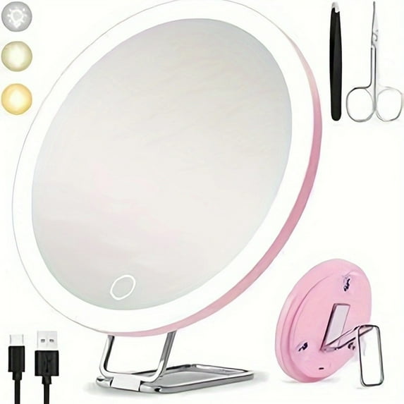 Pebbuoy Magnifying Mirror for Men Women,Magnified Makeup Vanity Mirror with LED Light and Tweezers,360 Degrees Rotary Magnified Mirror for Wall Hanging Handheld Desktop10/20/30X