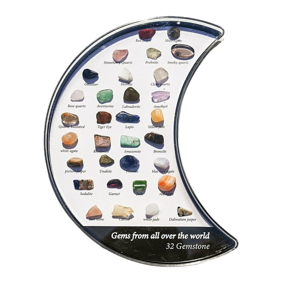Pebbuoy Moon Shape Natural Stone Box 32 Assorted Faux Gemstone Kit Educational Kids Mineral Stone Learning Display Acrylic Case Stone Collector Gift