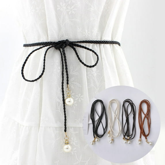 Pebbuoy Pearl Waist Chain Elegant Vintage Imitation Leather Slim Belt with Knot for Women for Party Dresses Pants