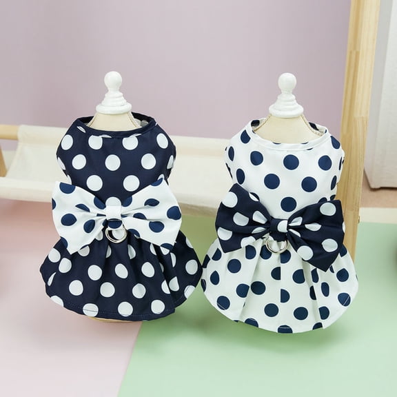 Pebbuoy Pet Vest Style Dress Dog Cat Skirt Polka Dot Pattern Bowknot Decor Summer Apparel Breathable Sweet Puppy Clothes with Traction Ring for Daily Wear Photography