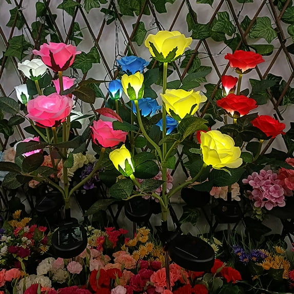 Pebbuoy Rose Flower Solar Garden Light Auto Charging Waterproof Easy to Install Solar Powered LED Lamp Yard Pathway Decoration