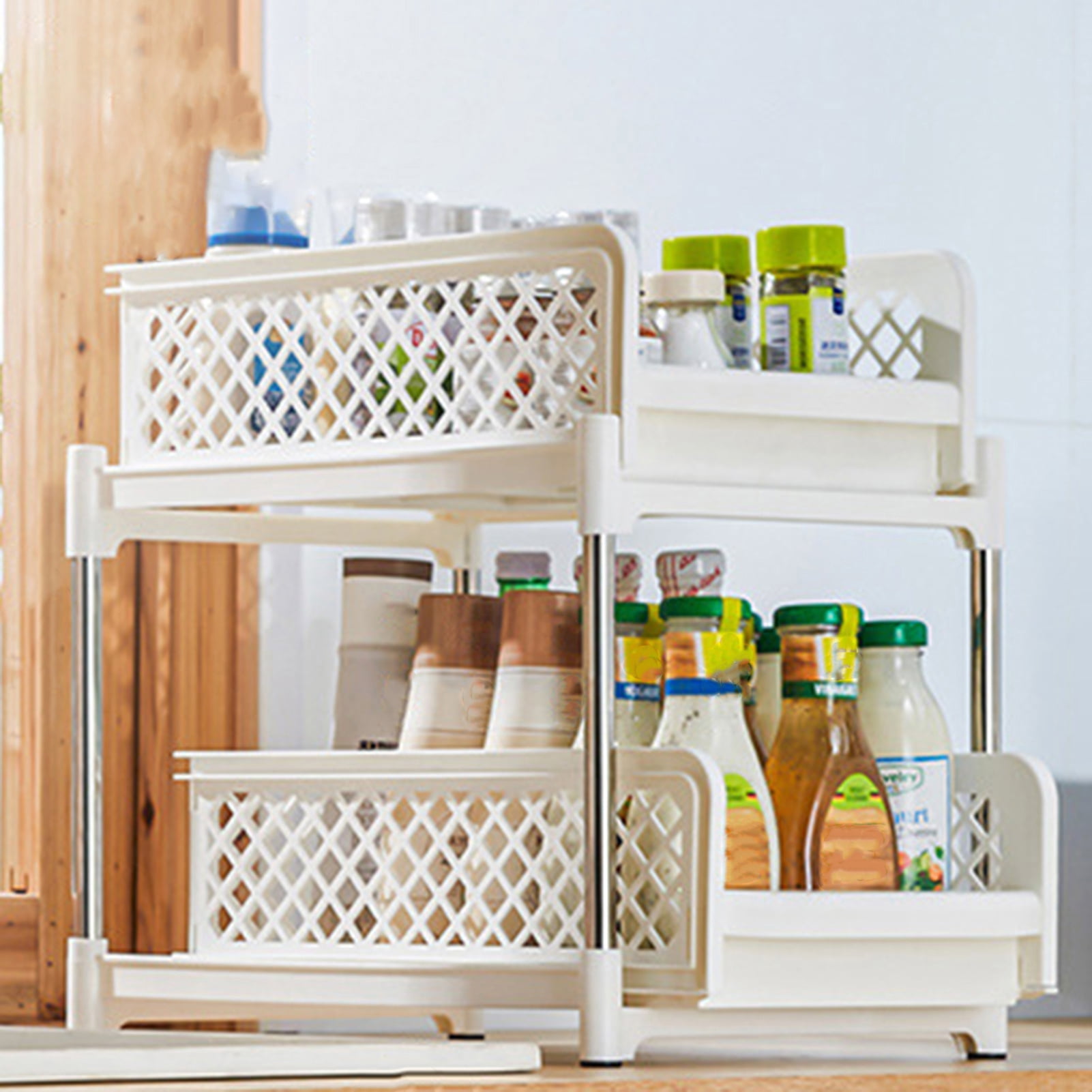 Pebbuoy Sliding Organizer Storage Rack,Double-Layer Cabinet Organizer ...