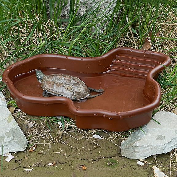 Pebbuoy Turtle Water Basin with Anti-slip Ladder Bathing Platform Drainage Hole Tortoise Reptiles Bathtub Habitat Landscaping Water Holder Bowl Dish