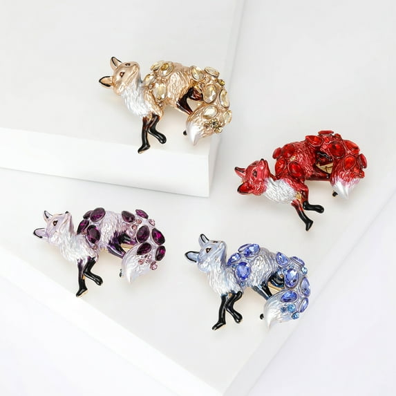 Pebbuoy Vivid Fox Shape Brooch Shiny Rhinestones Pin Women Lovely Enamel Animal Party Casual Badge Clothes Accessories