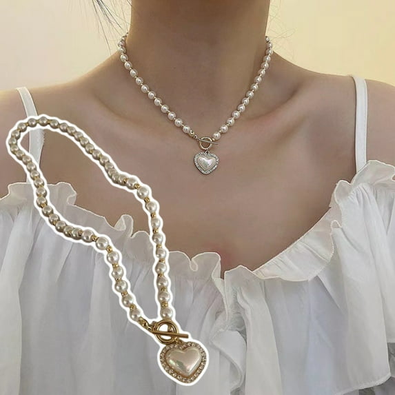 Pebbuoy Women Double Layer Necklace Faux Pearls Heart Pendant Choker Necklace Hip Hop Style Short Necklace Jewelry Accessories