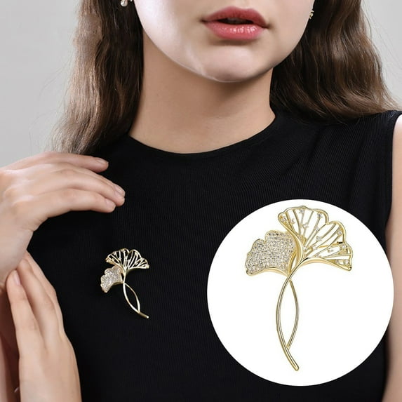 Pebbuoy Women Elegant Ginkgo Leaf Shape Brooch Shiny Rhinestones Inlaid Pin Suit Collar Shawl Scarf Badge Costume Accessories