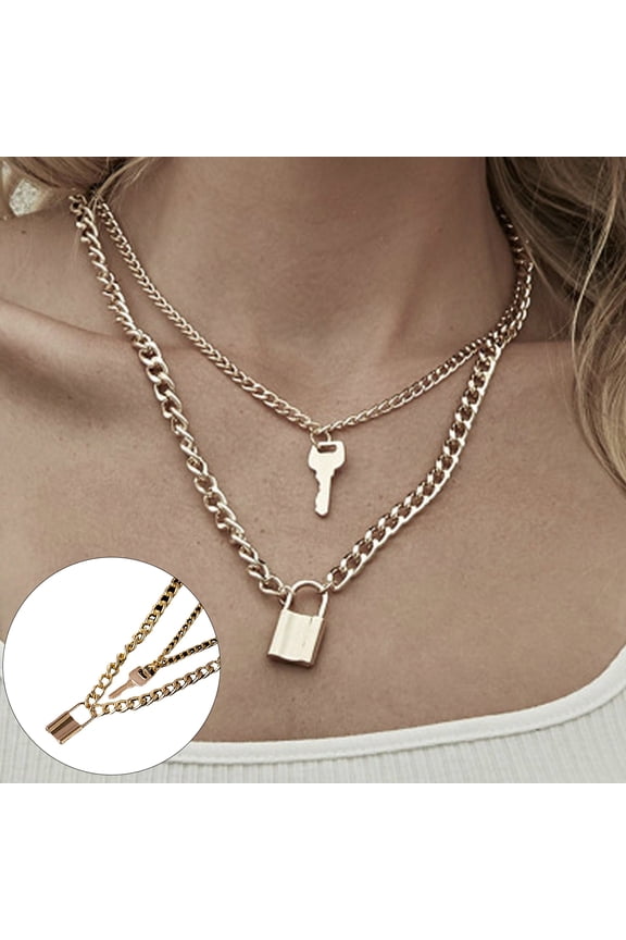 Women Necklace Smooth Two Layers Key And Lock Pendant Hollow Chain Retro Stainless Individual Clavical Necklace Neck Decoration Jewelry